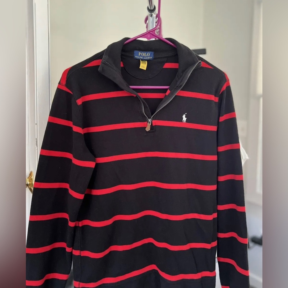 Polo Ralph Lauren Big Boys Striped Interlock Quarter Zip Pullover XL Blck&Red